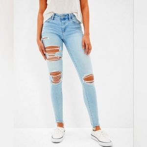 American Eagle AEO Low Rise Light Wash Ripped Jeggings Jeans 14 Regular 14R